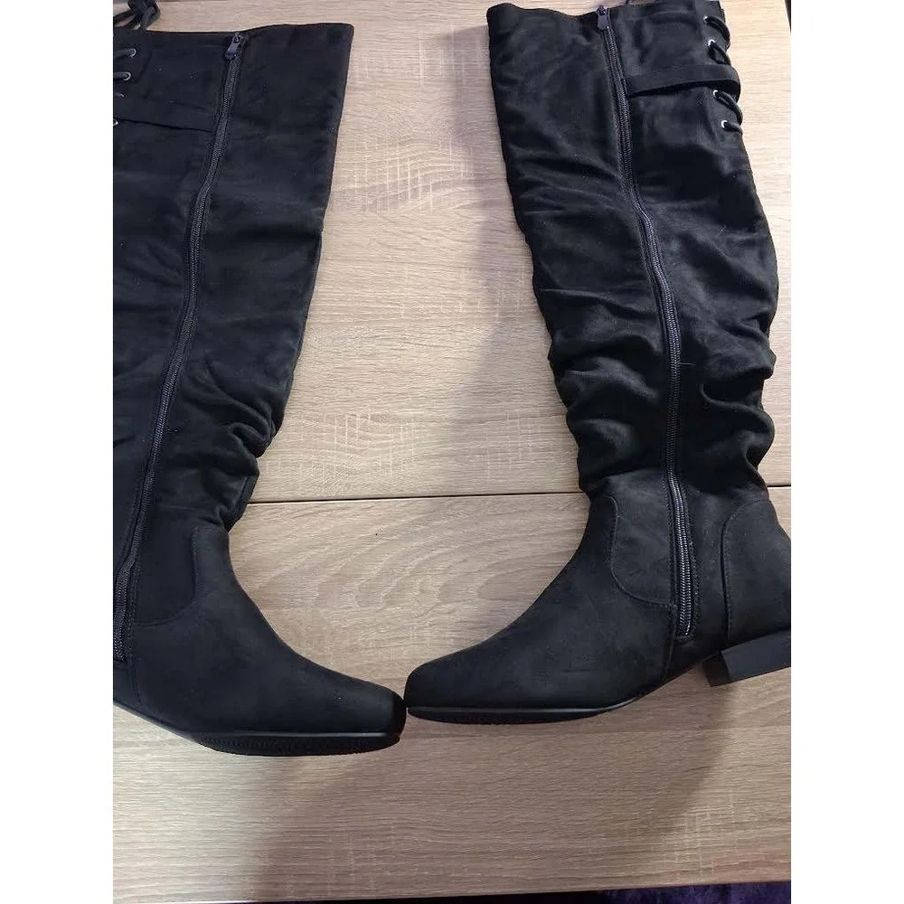 Black Faux Suede Slouchy Over The Knee Boots Lace Up Back Low Heel Women Size 10